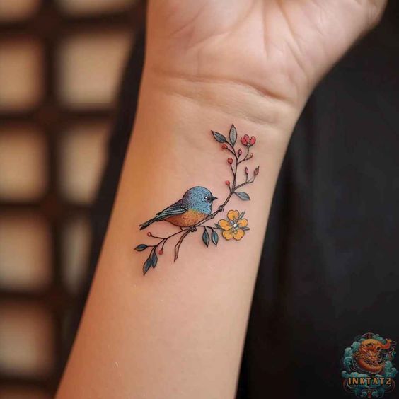 a small wrist tattoo with a blue bird on the branch and yellow flowers around it