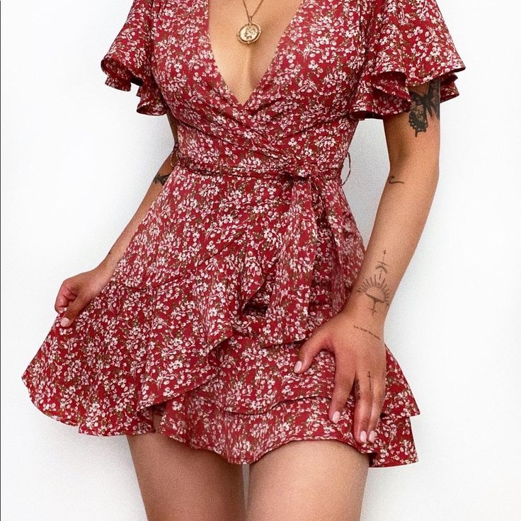 Large Mini Faux Wrap Dress, Nwt Flirty Red Floral Print Dress, Red A-line Floral Dress For Summer, Flirty Red Dress For Day Out, Red Floral Print Mini Dress, Red A-line Floral Summer Dress, Chic Red Floral Dress For Summer, Chic Red Floral Summer Dress, Fitted Red Floral Dress For Summer, Chic Red Floral Dress