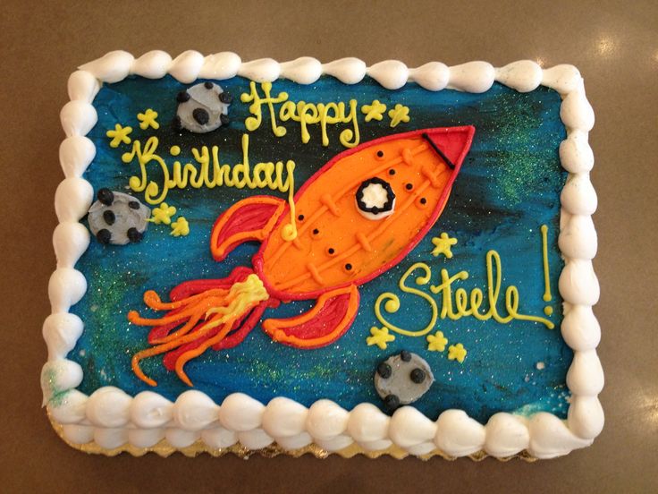 a birthday cake with an image of a rocket ship on it and the words happy birthday stella