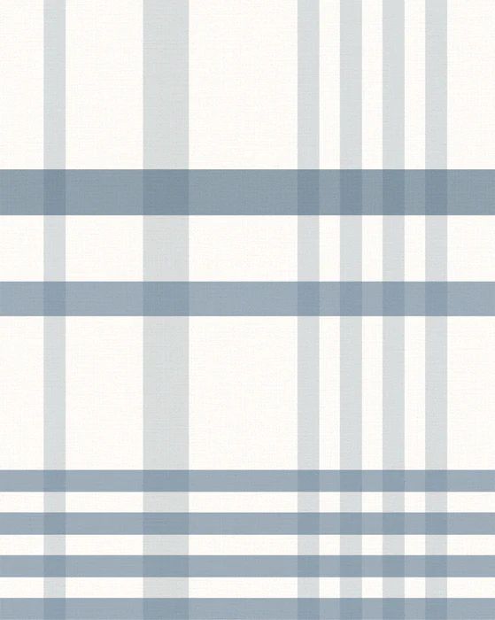 a white and blue plaid wallpaper pattern with horizontal lines on the back in shades of grey