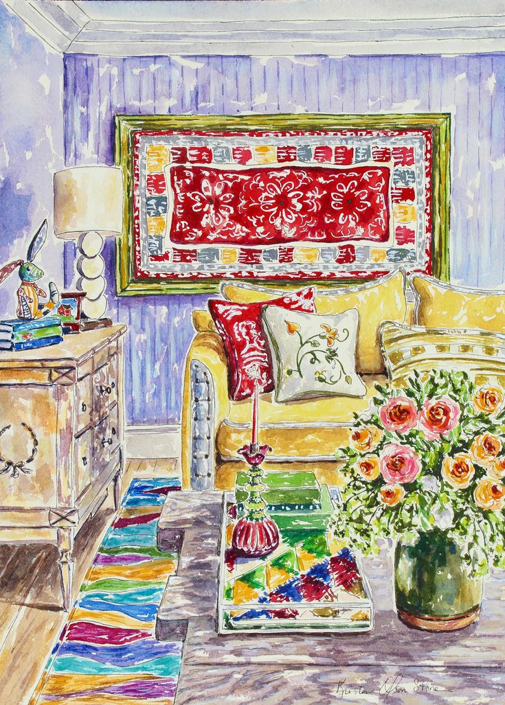 "An original watercolor and ink painting of a gorgeously decorated room!  A little stuffed rabbit sits quietly on a dresser watching over the room.   Light, bright, airy and interesting, this room is an inviting painting.   This 14\" x 10\" artwork has been painted on Arches French-made all cotton paper and comes with a certificate of authenticity.   shipping is free within the US." Markers Ideas, Watercolor Room, Room Portrait, Whimsy Art, Illustration Book, Room Painting, Detailed Paintings, Travel Painting, Scenery Paintings