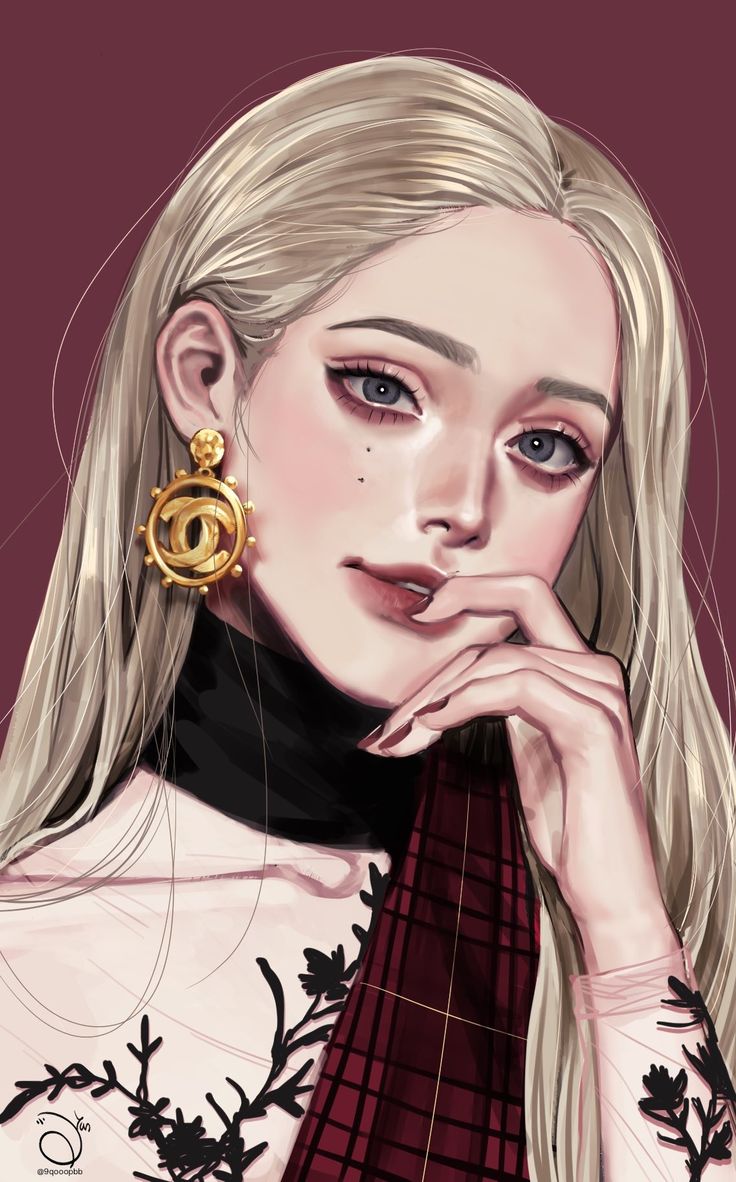 a drawing of a woman with long blonde hair, wearing a black turtle neck sweater and gold earrings