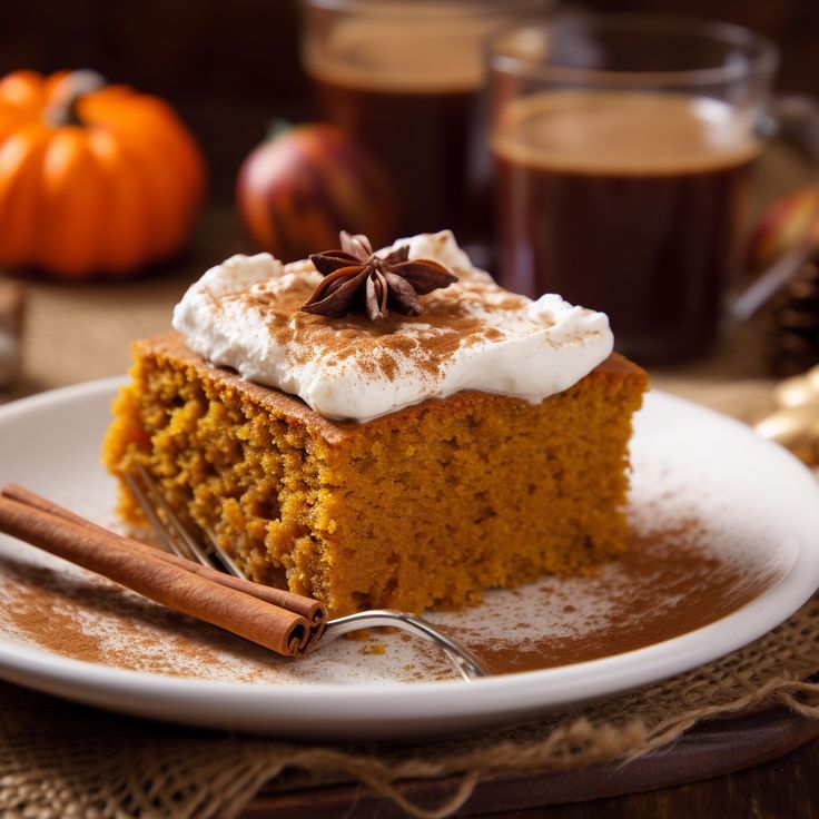 a slice of pumpkin cake on a plate with cinnamon sticks and an apple in the background