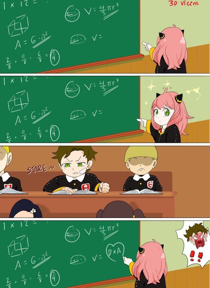 some anime characters are sitting at a table in front of a blackboard with writing on it