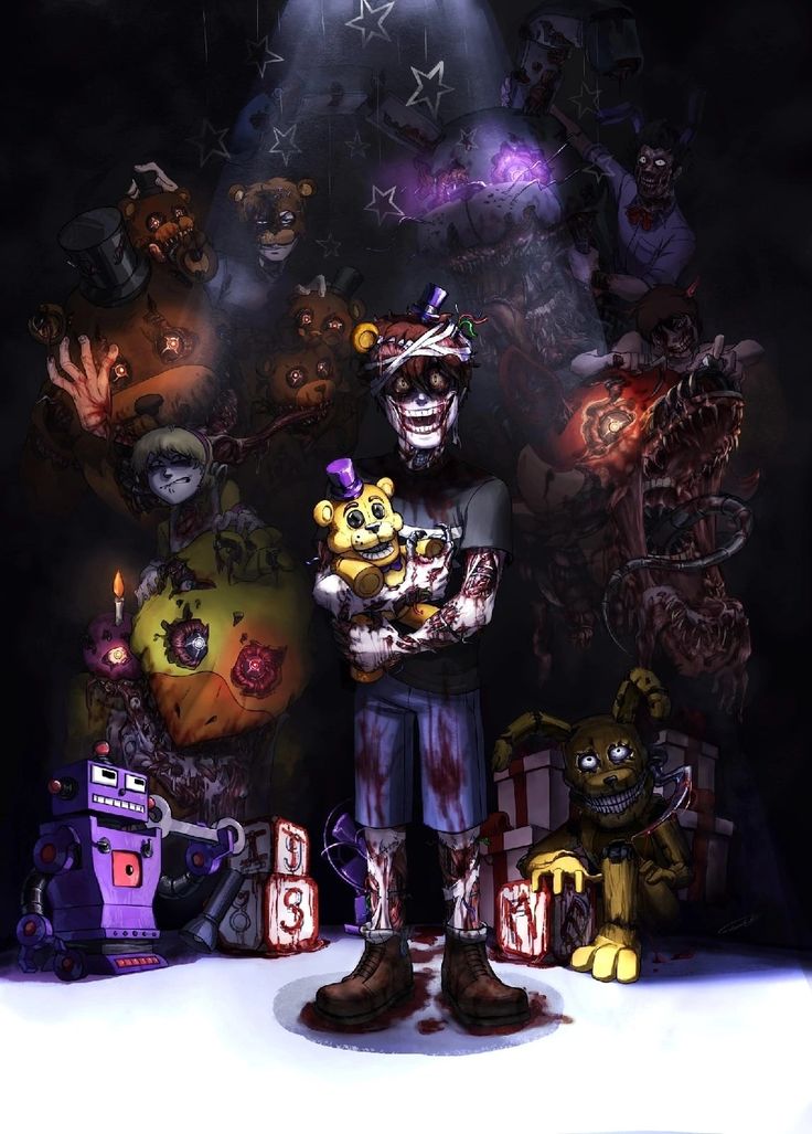 a man standing in front of a bunch of cartoon characters on a dark background with one holding a teddy bear