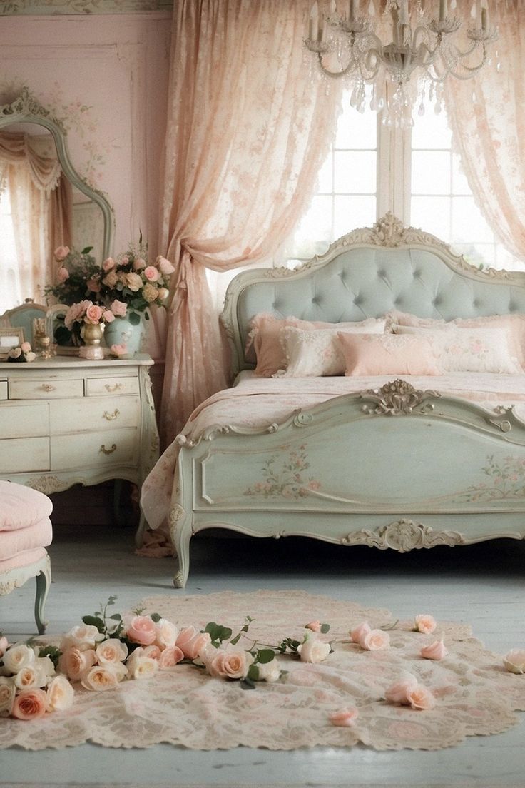 a bedroom decorated in pink and white with roses on the floor