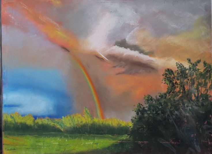 an oil painting of a rainbow in the sky with trees and clouds behind it,