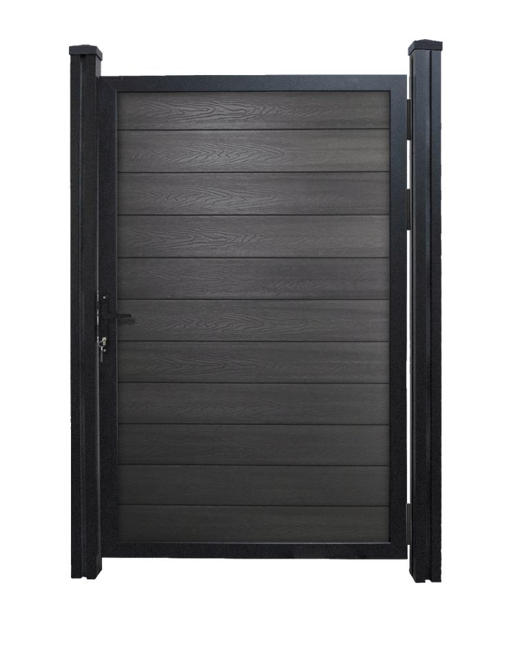 an open black steel door on a white background