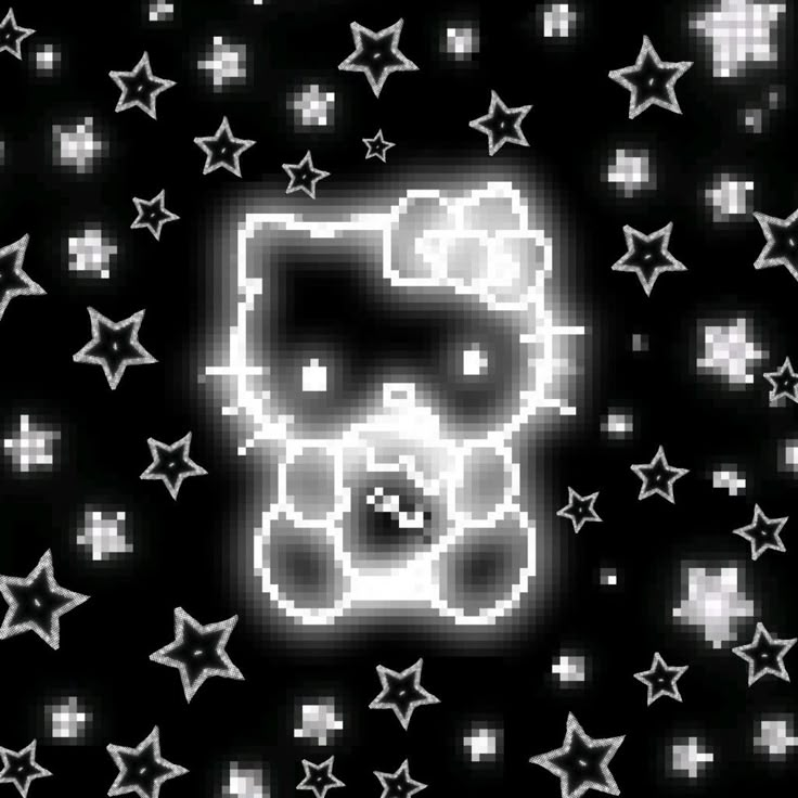 a black background with white stars and an image of a teddy bear in the center