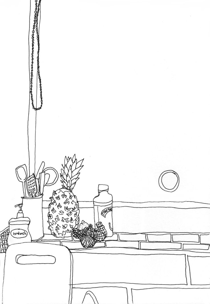 a black and white drawing of a couch with pineapples on the table next to it