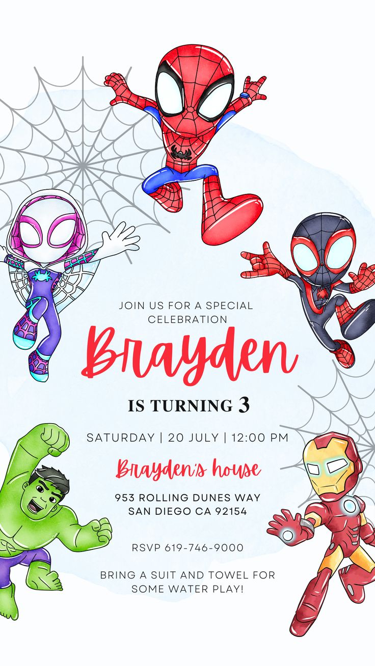 an image of spiderman birthday party with cartoon characters on the front and back side