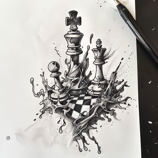 Chess Tattoo Blueprint Set Kitchen Art Design, Filligree Tattoos Designs For Men, Chess Board Tattoo, Gentlemen Tattoo, Chess Pieces Drawing, Chess Tattoo Design, Chess Drawing, Chess Piece Tattoo, Chess Tattoo