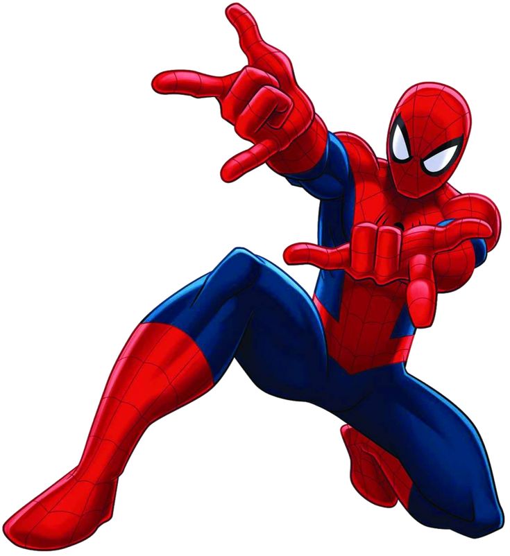 a cartoon spider man flying through the air with his arms out and hands in the air