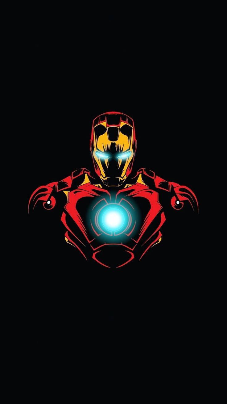 the iron man logo is shown in red and yellow with blue light coming from his chest