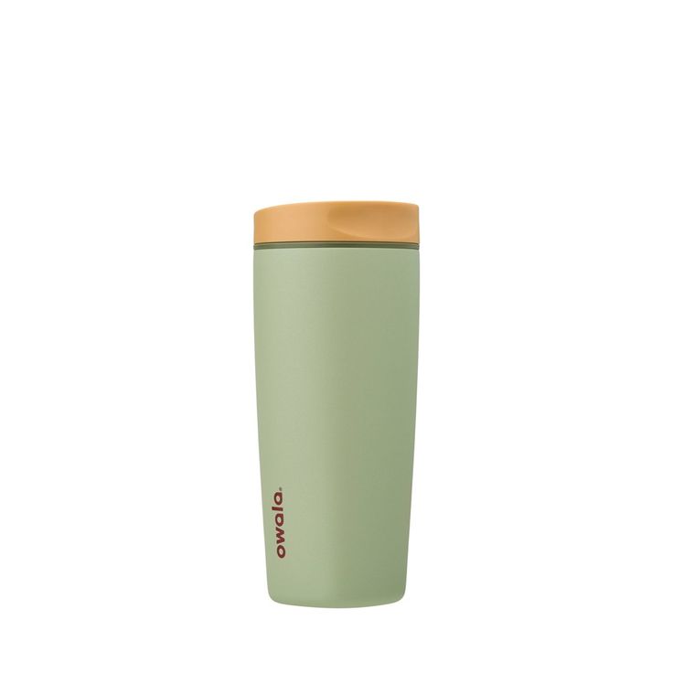 thermos travel mug with bamboo lid is shown in light green and has a wooden rim