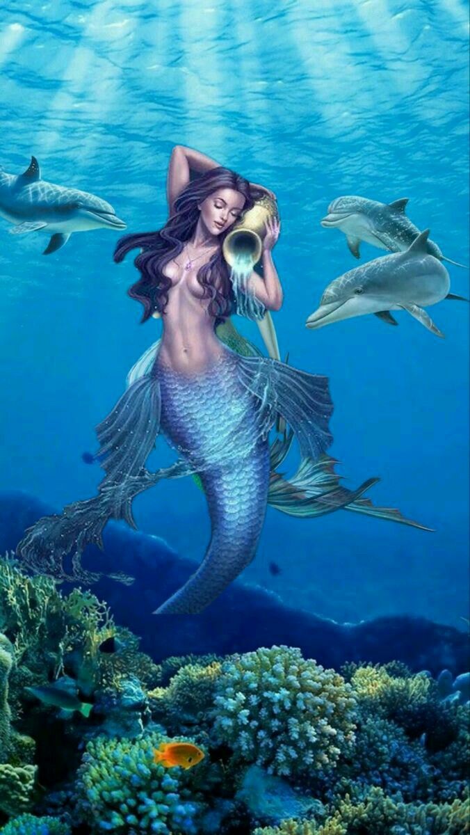 a painting of a mermaid holding a shell in the ocean with dolphins swimming around her