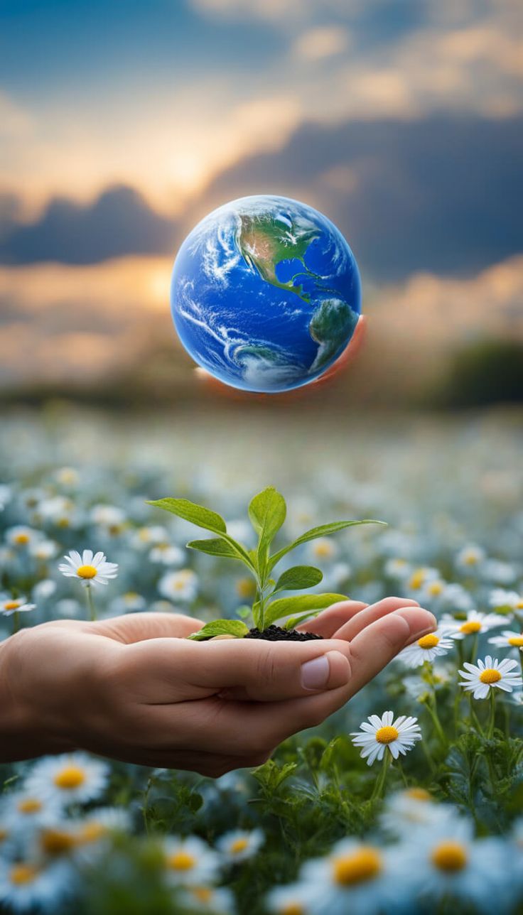 a person holding out their hand with a small plant in it and the earth above them