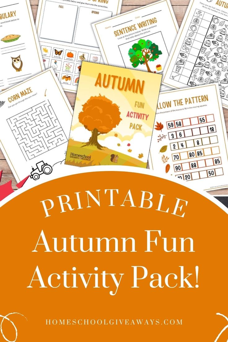 printable autumn fun activity pack for kids with an orange background and text overlay