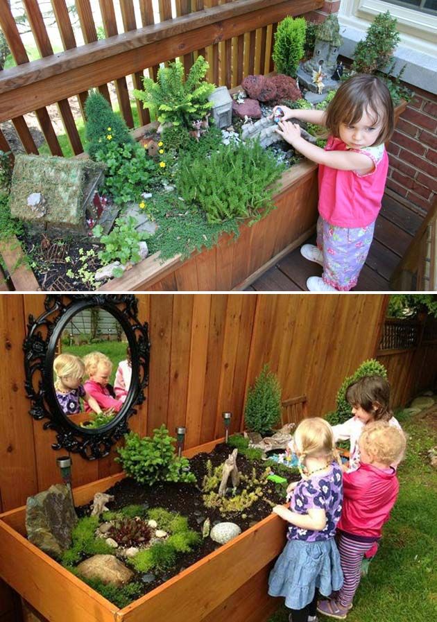 two pictures of children playing in the garden