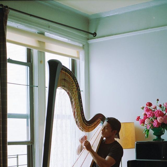 a man playing a harp in front of a window