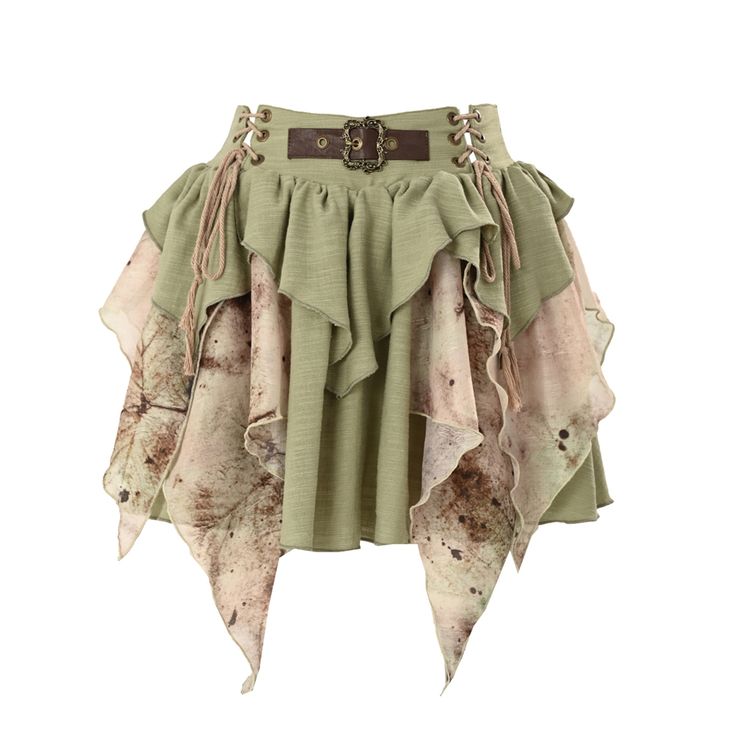 Transform yourself into an enchanting forest fairy with this green skirt. Featuring layered and cascading ruffles, this skirt is a vision of whimsical elegance. The vintage buckle at the waist adds a touch of timeless charm, while the lace-up details at the banded waist offer a perfect fit and an extra dash of sophistication.   	 		 			Size 			S 			M 			L 		 		 			Waist 			64-70 			68-74 			72-78 		 		 			Full Length(Front/Back) 			37/39 			38/40 			39/41 Cheap Fitted Patchwork Mini Skirt, Green Tiered Ruffles Mini Skirt, Vintage Green Tiered Skirt, Fairy Kei Tiered Ruffled Skirt, Green Flowy Ruffled Mini Skirt, Green Tiered Ruffle Skirt, Green Tiered Skirt With Ruffles, Flowy Green Mini Skirt With Ruffles, Green Flowy Mini Skirt With Ruffles