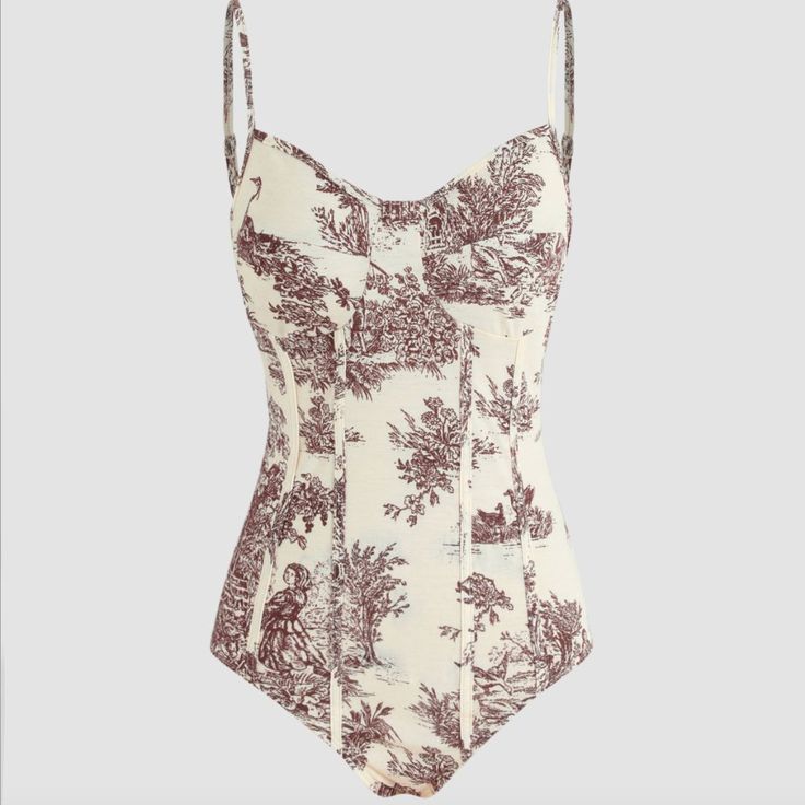 Adorable Brown Print On Tan/ Cream Bodysuit. Size Is 10 / Xl Adjustable Straps Not Lined Material Has Give 3 Button Snap Close On Bottom Approximate Flat Lay Measurements: Pit To Pit 19" V-Neck To Bottom Length 21" Cotton Fitted Bodysuit For Vacation, Fitted Cotton Bodysuit For Vacation, Casual Cream Bodysuit For Summer, Classic Swimsuit, Toile Print, Floral Fit, Glitter Dress, Maxi Dresses Casual, Festival Dress