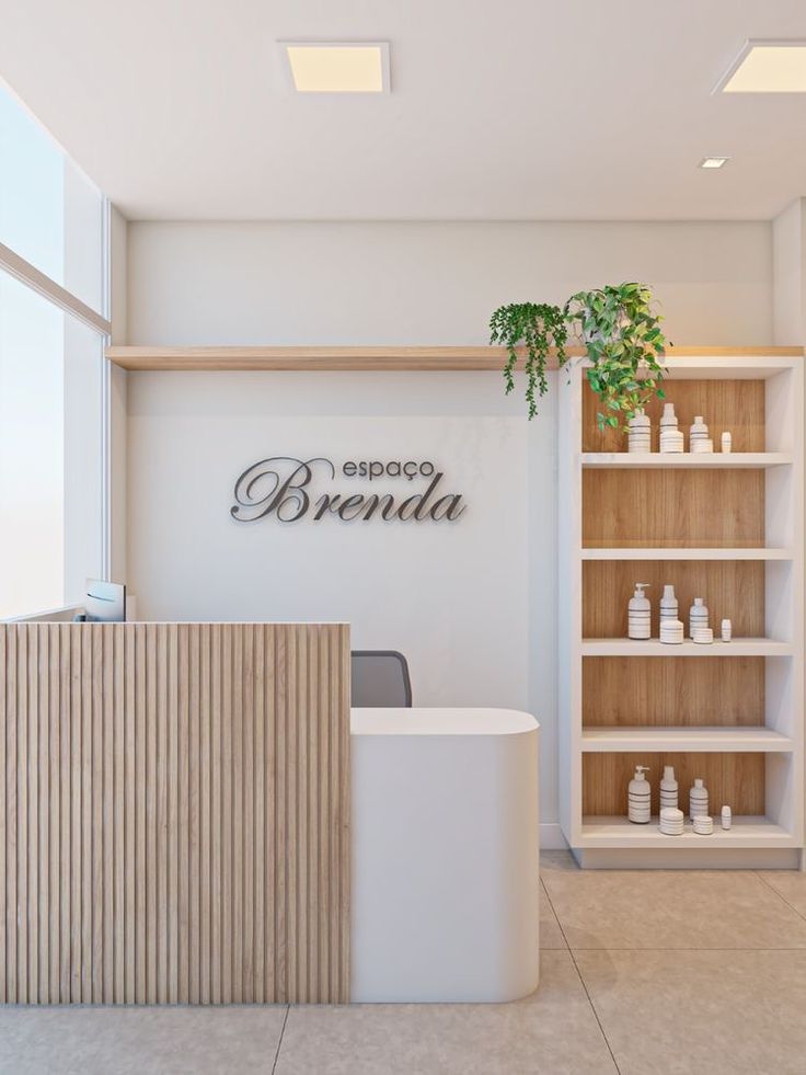 the front desk of an espresso brand with bottles on it and a potted plant in the corner