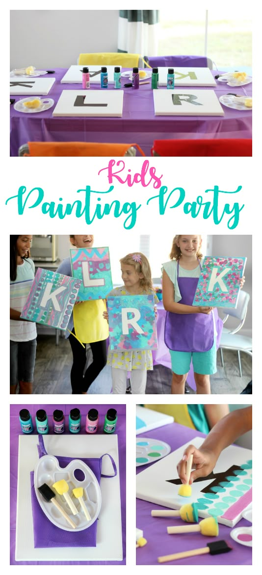 kids painting party with purple and green table cloths, scissors, plates and napkins