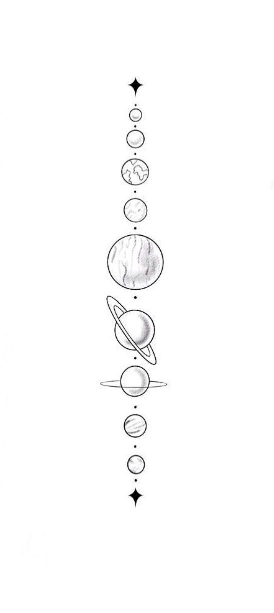 a line drawing of planets and stars in the sky, with one being drawn by hand