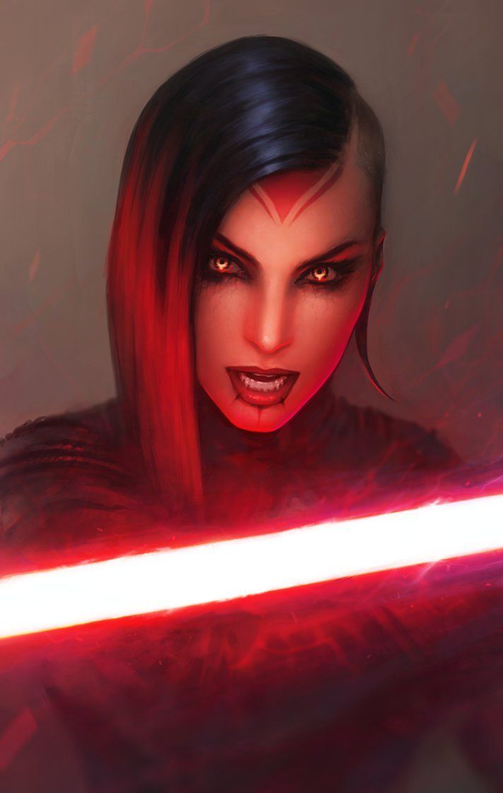 a woman with red hair holding a light saber