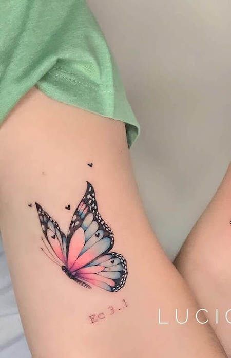 two tattoos with butterflies on their legs