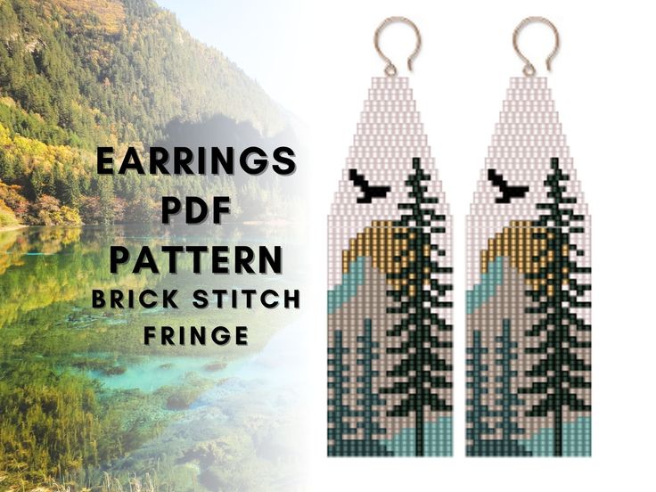 two pairs of earrings with trees on them and the words, earrings pattern brick stitch fringe