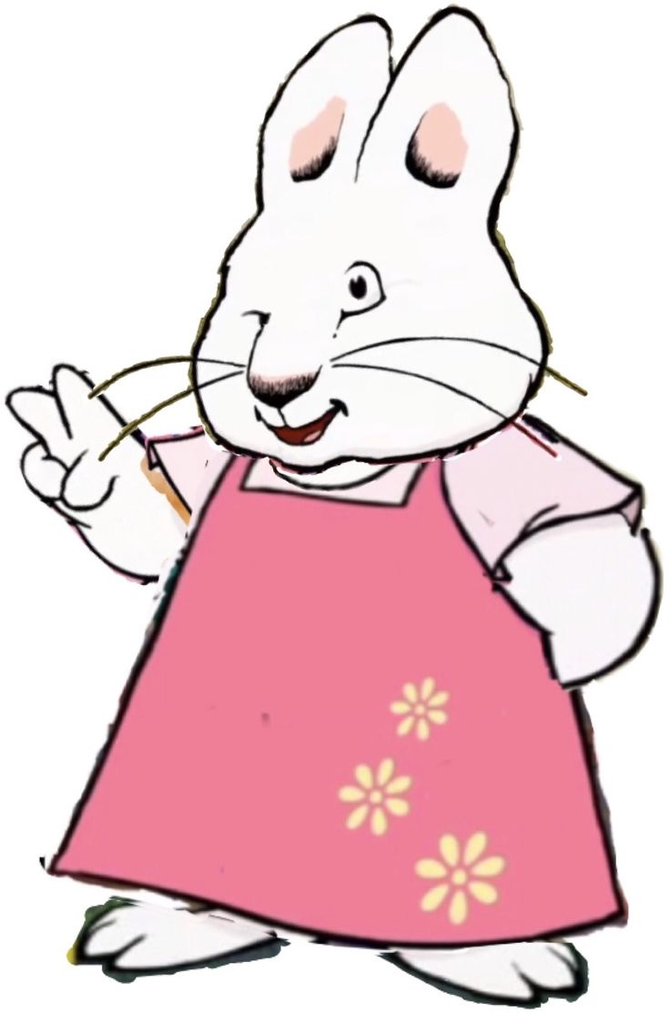 a drawing of a rabbit in a pink dress holding a pencil and pointing to the side