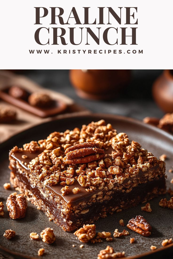 two pieces of pecan crunch brownies on a plate with the title overlay