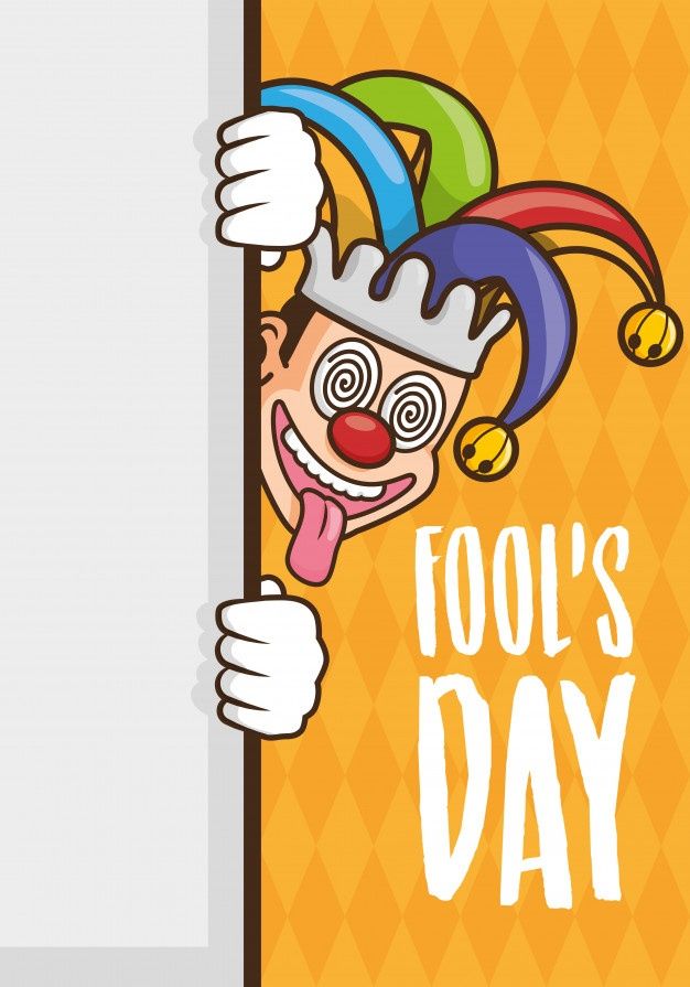 a cartoon clown peeking out from behind a sign that says fool's day