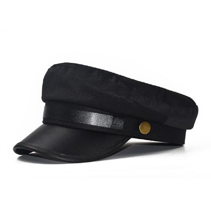 a black hat with gold buttons on the front and side, sitting against a white background