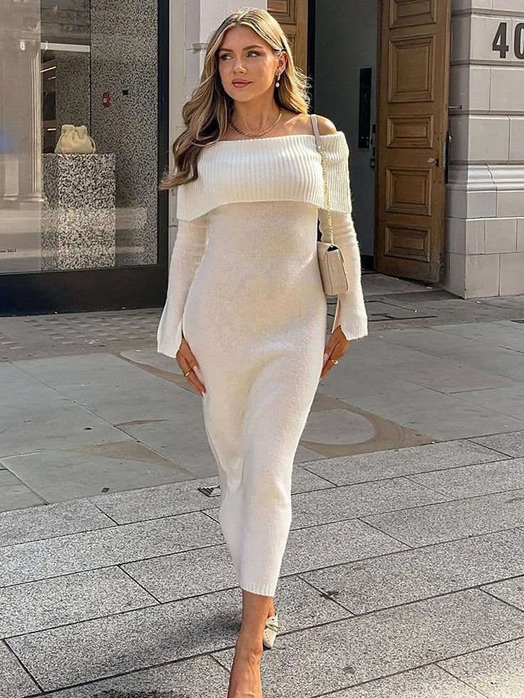 43627619614764|43627619680300|43627619713068 Loose Knitwear, Long Knitted Dress, White Long Sleeve Dress, White Off Shoulder, Slim Fit Dresses, Maxi Knit Dress, Wrap Sweater, Evening Party Dress, Party Dresses For Women