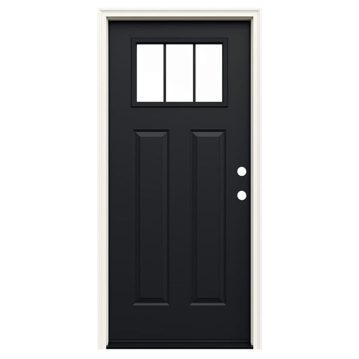 a black front door with two windows on the side and one window in the middle