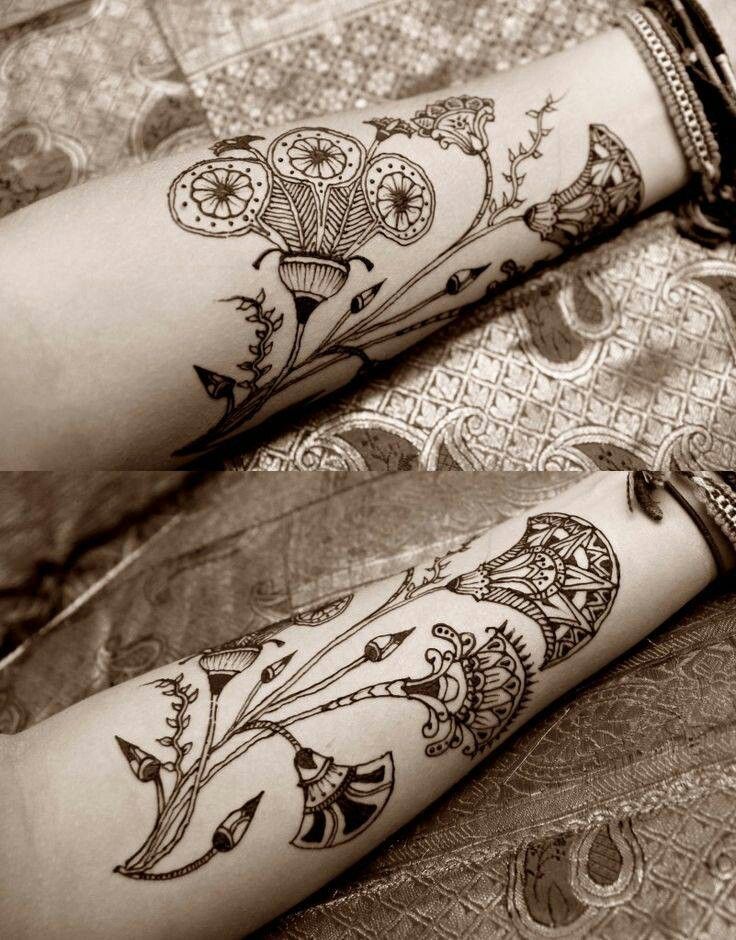 two women's legs with tattoos on them, one is showing off her arm and the other has an intricate design