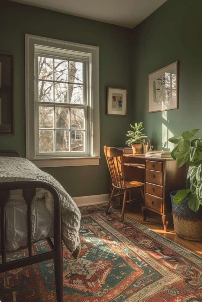 a bedroom with green walls and wooden furniture