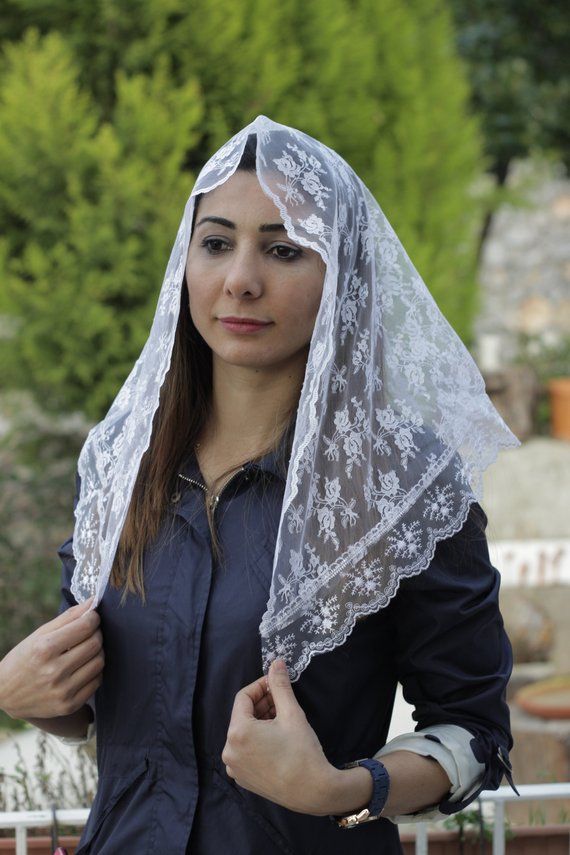 Triangle lace chapel mantilla, Catholic veil mass, Church head cover, Prayer white lace scarf White Lace Scarf, Christian Head Covering, Catholic Veil, Lace Mantilla, Mantilla Veil, Head Coverings, Chapel Veil, Lace Veil, Lace Veils