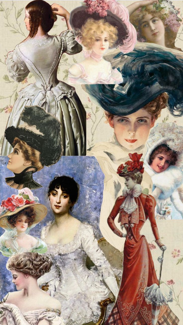 many different pictures of women in dresses and hats