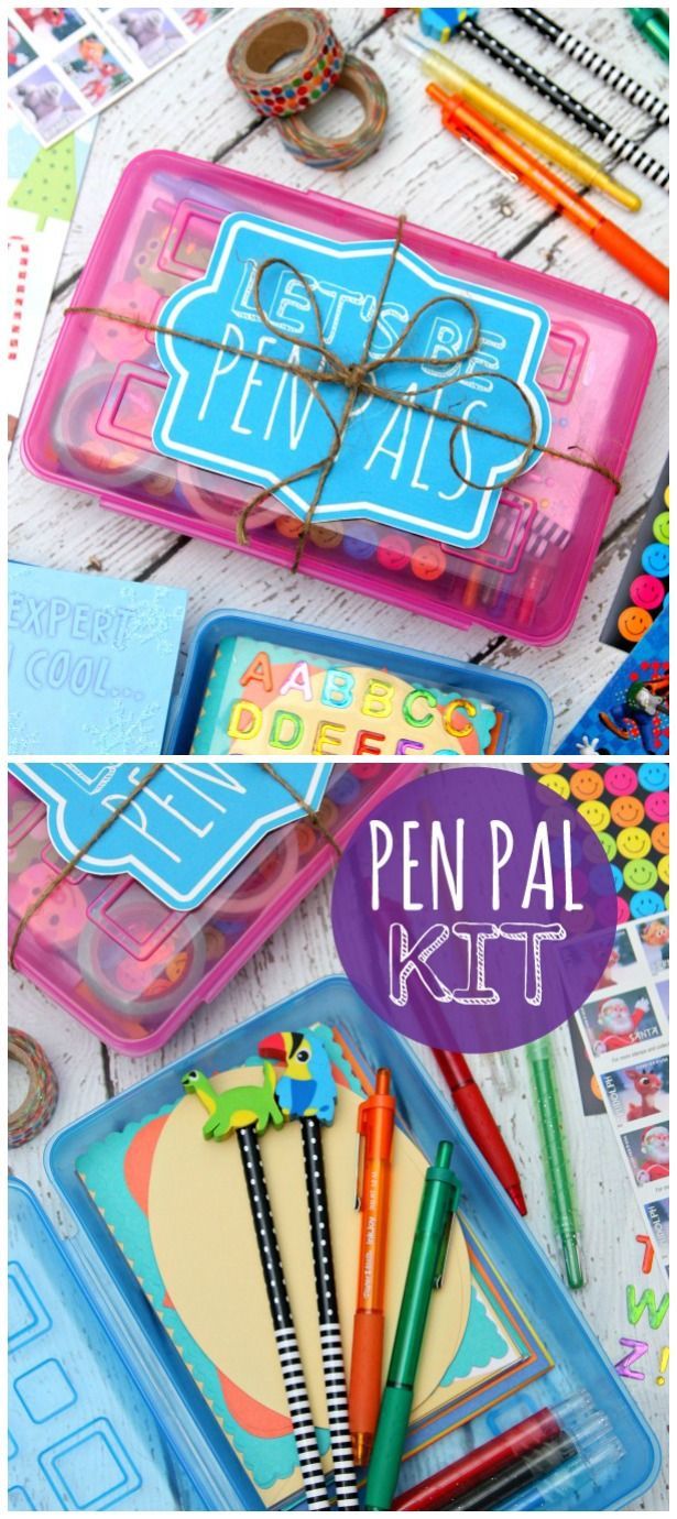 pencils and pens in plastic containers on a table with the words pen pal kit