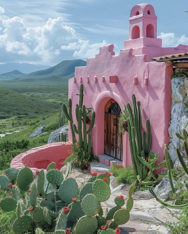 a pink house with cactus plants and mountains in the background