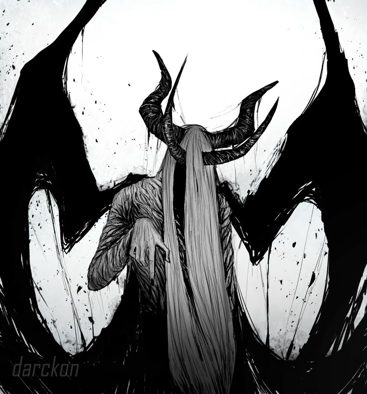 a black and white drawing of a demon with horns on it's head, standing in