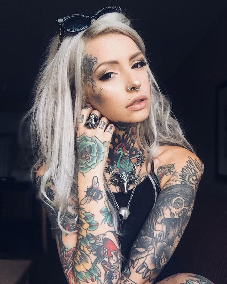 a woman with tattoos on her arms and legs