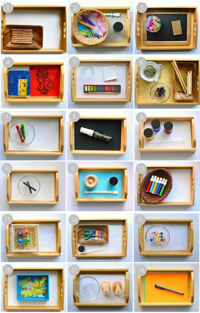 many different wooden shelves with various items on them, including pens and pencils in them