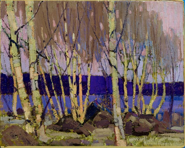 an oil painting of trees and rocks in the woods by water with blue sky behind them