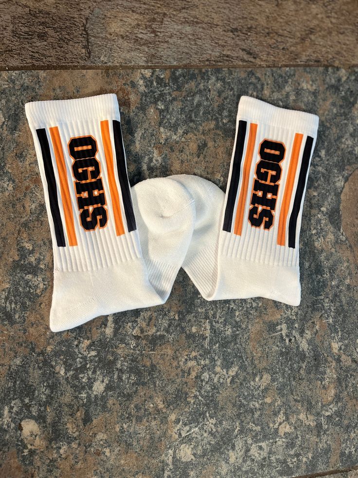 Custom Cheer / School Spirit Socks are high quality and made to order.  Can be done in youth and adult sizes for any school or team! Disclaimer:  All sales final as these are custom made to order. One design printed on side of each sock.  Cannot guarantee color match. Cheer Socks Cheerleading, Cheer Socks Vinyl, Sporty Cotton Socks With Letter Print, Casual White School Socks, White Cotton School Socks, Sports Cotton Socks With Letter Print, White Cotton Sports Socks, White Sports Socks With Letter Print, White Casual Socks For Sports Events