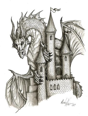 a drawing of a castle with a dragon on it